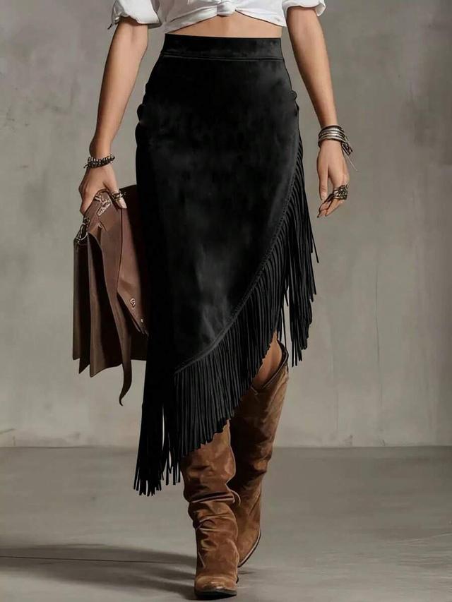 new vintage western style fringed asymmetrical black skirt