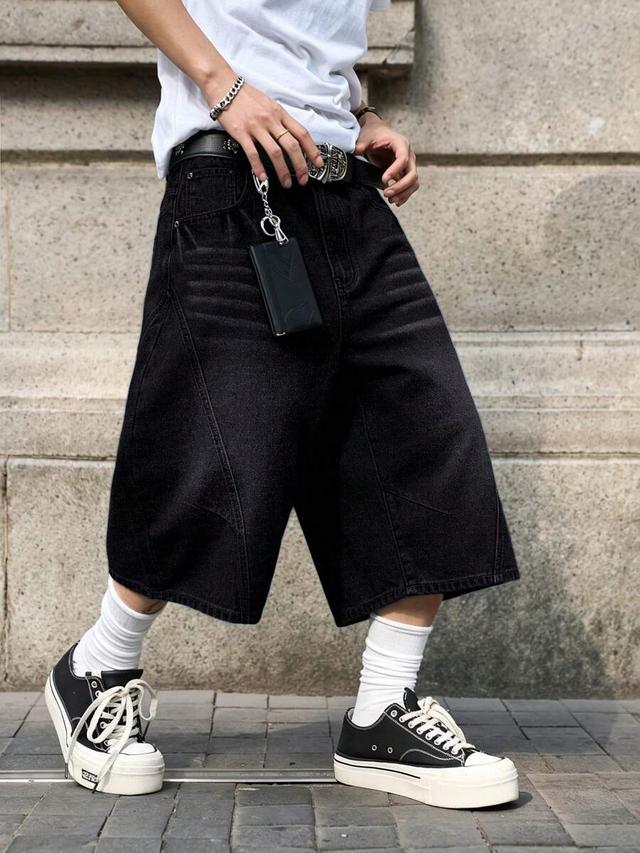 black denim patchwork wide leg shorts