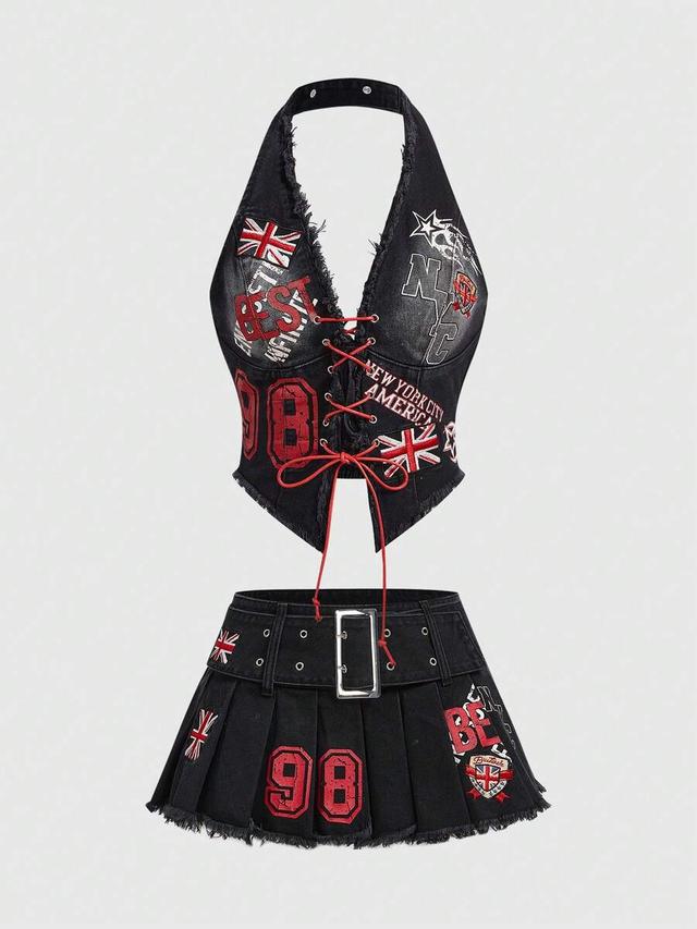black patched halter corset top and pleated mini skirt set