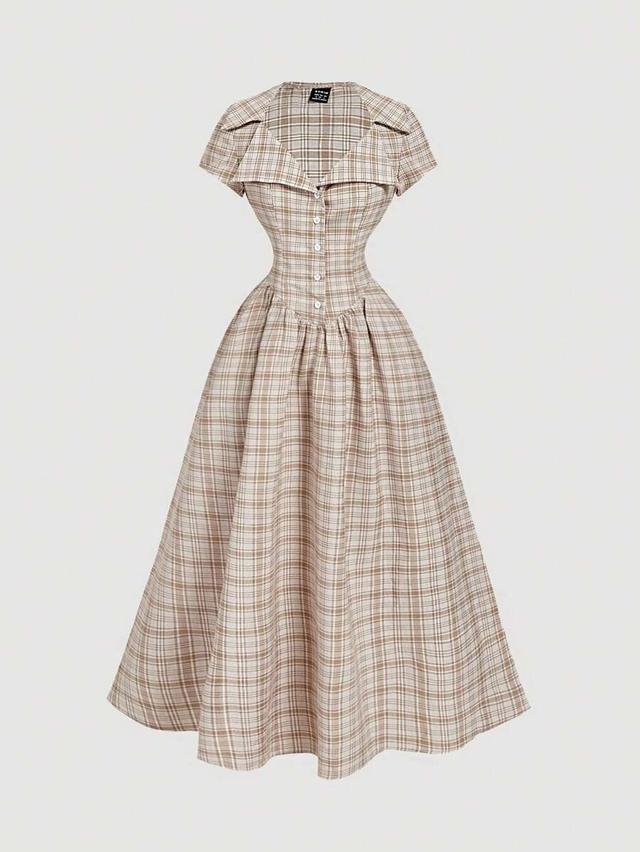 70s retro beige plaid mid-length dress