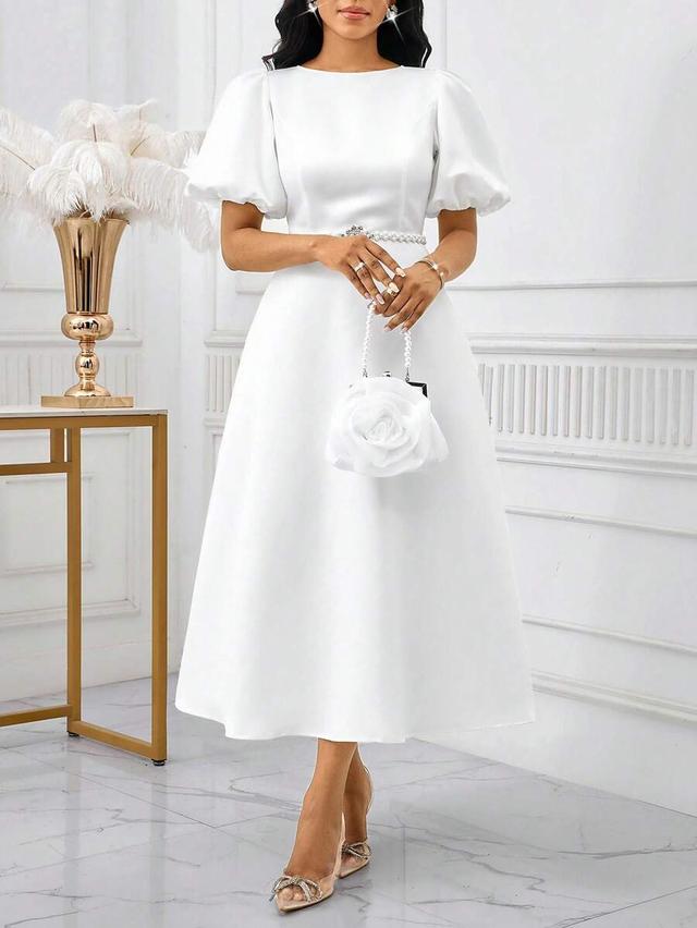 white puff sleeve midi dress with pearl waist detail