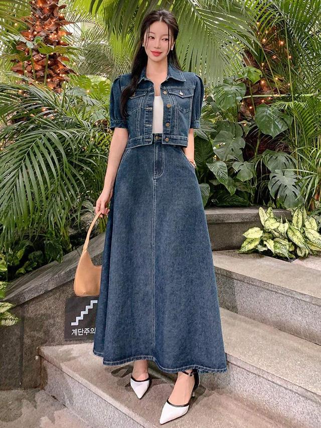puff sleeve denim jacket and maxi skirt set