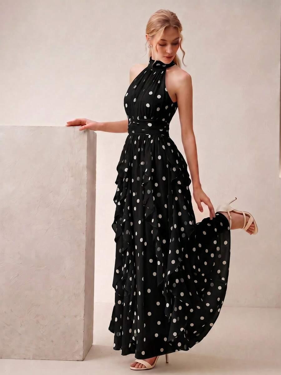 elegant vintage polka dot halter pleated ruffle hem dress