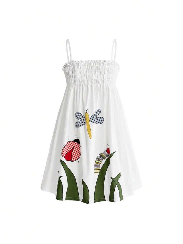 white cotton linen insect applique spaghetti strap dress