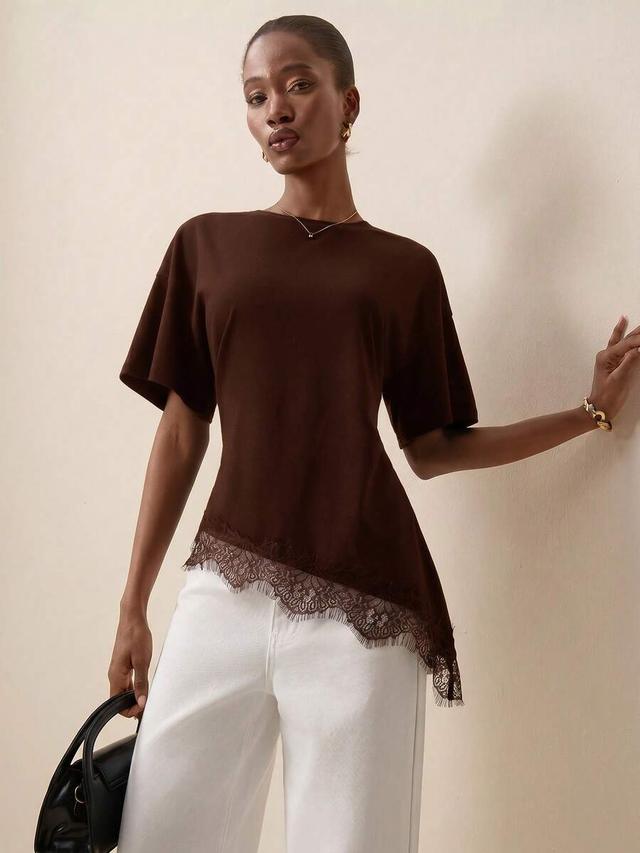 briarwyn brown short sleeve lace hem patchwork top