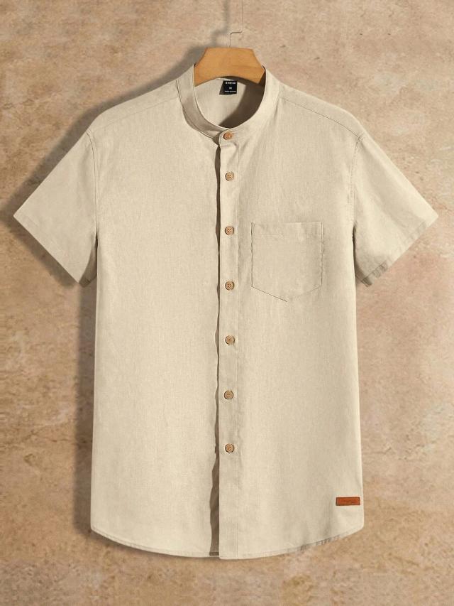 beige linen blend stand collar short sleeve shirt