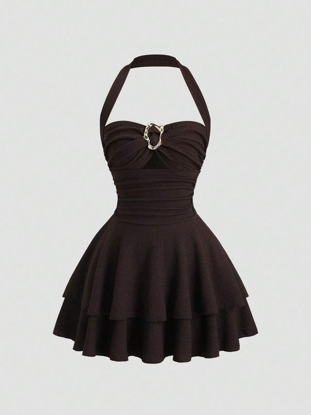 brown textured halter neck tiered mini dress