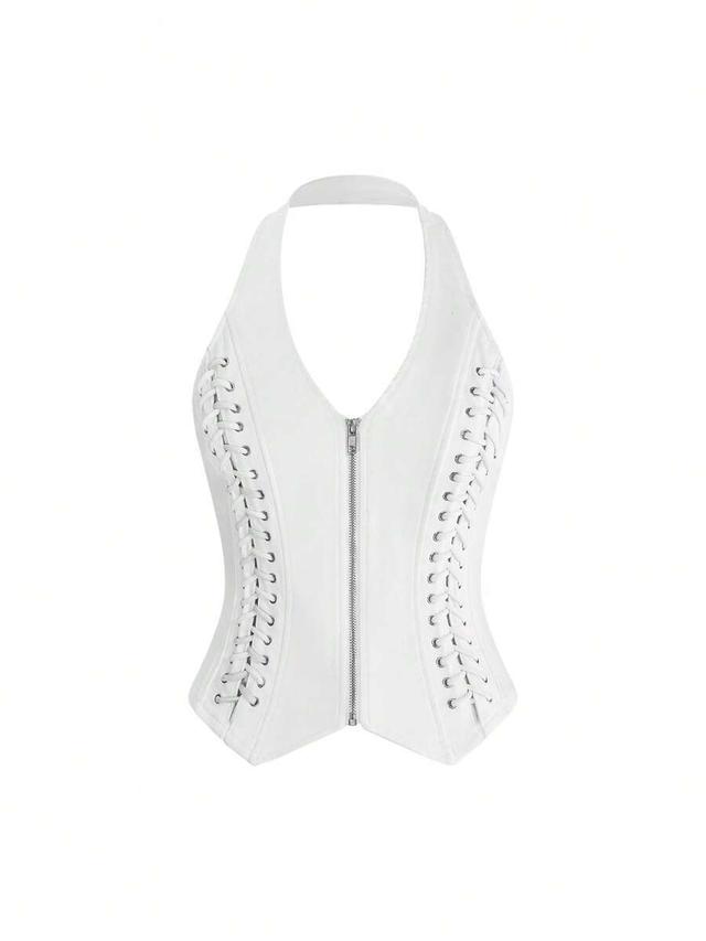 white denim halter neck corset crop top