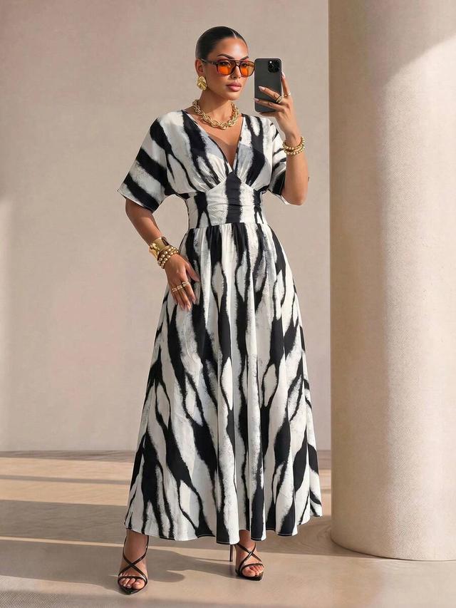 floral print deep v-neck batwing sleeve pleated dress