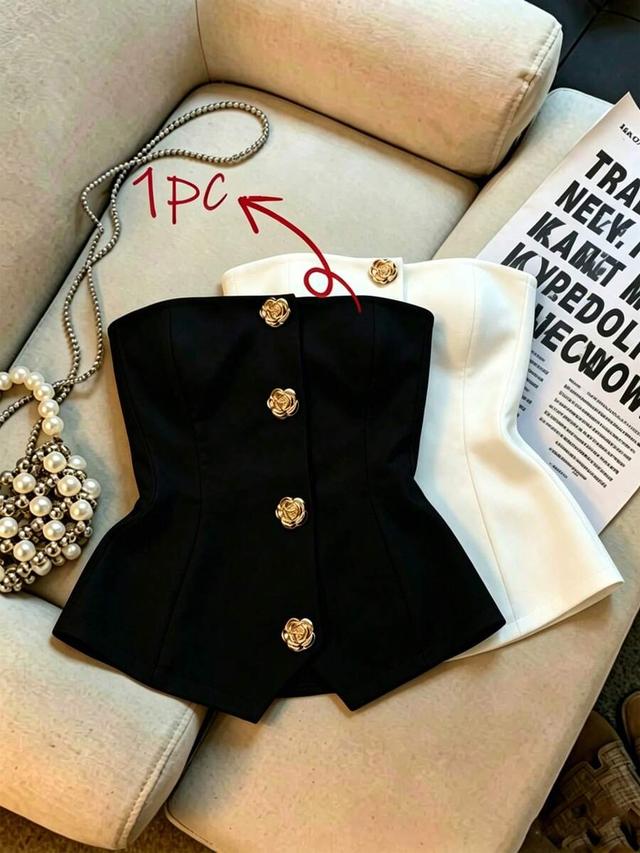 white fitted tube top with gold rose buttons