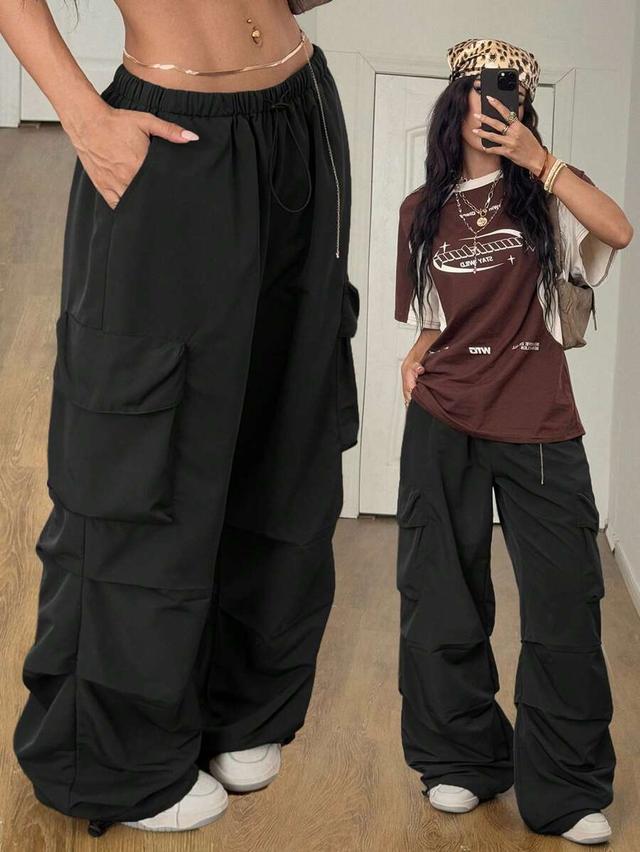 black low rise parachute cargo pants