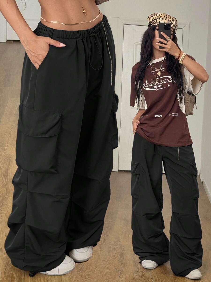 black low rise parachute cargo pants