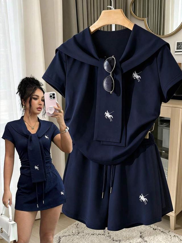 navy knight print top and drawstring shorts set