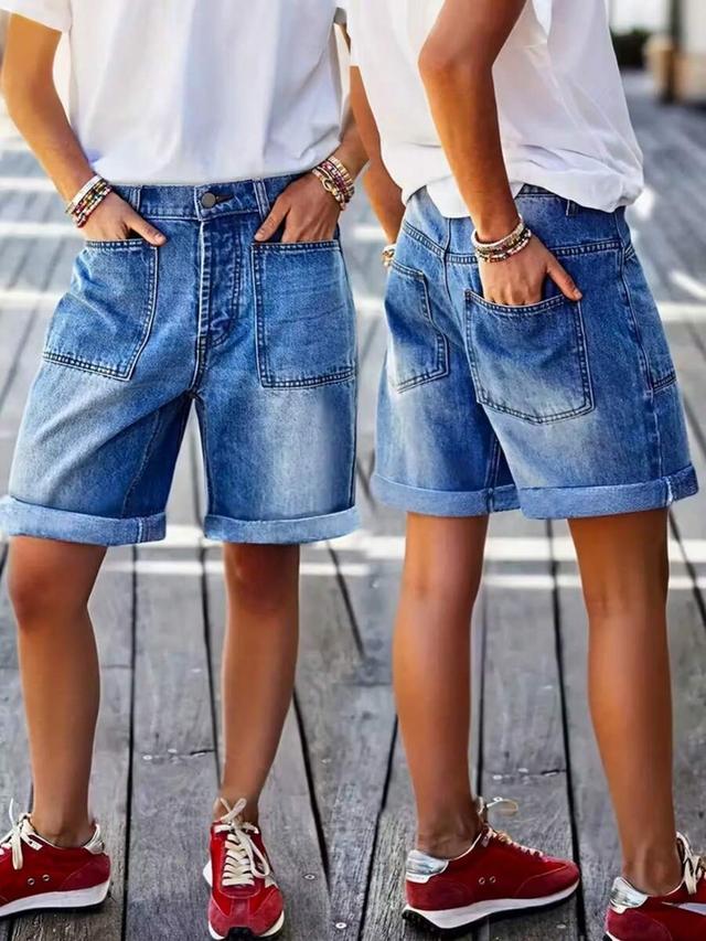 women's high waist rolled hem vintage washed denim shorts