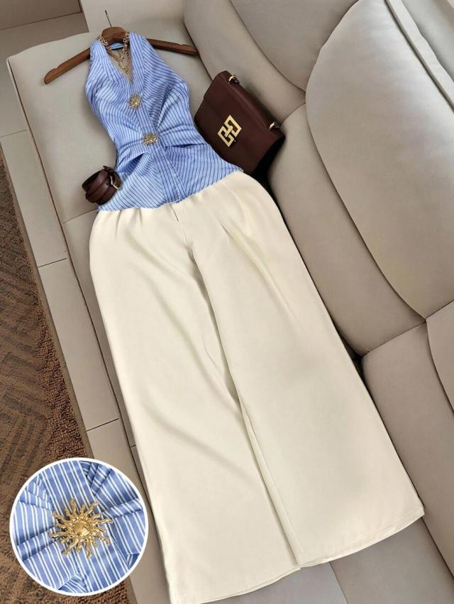 white striped halter top and wide leg trousers set