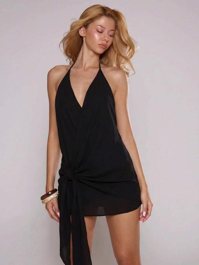 musera black halterneck plunge mini dress with drape detail
