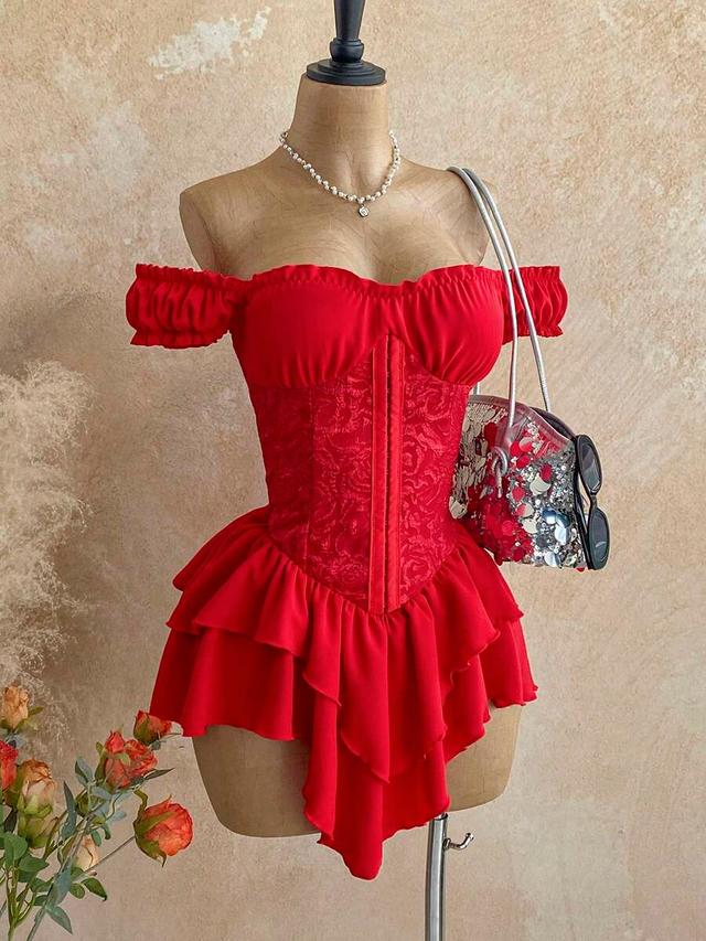 red off-shoulder jacquard corset mini dress with ruffles