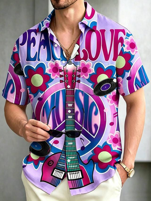 vintage hippie music print lightweight aloha shirt