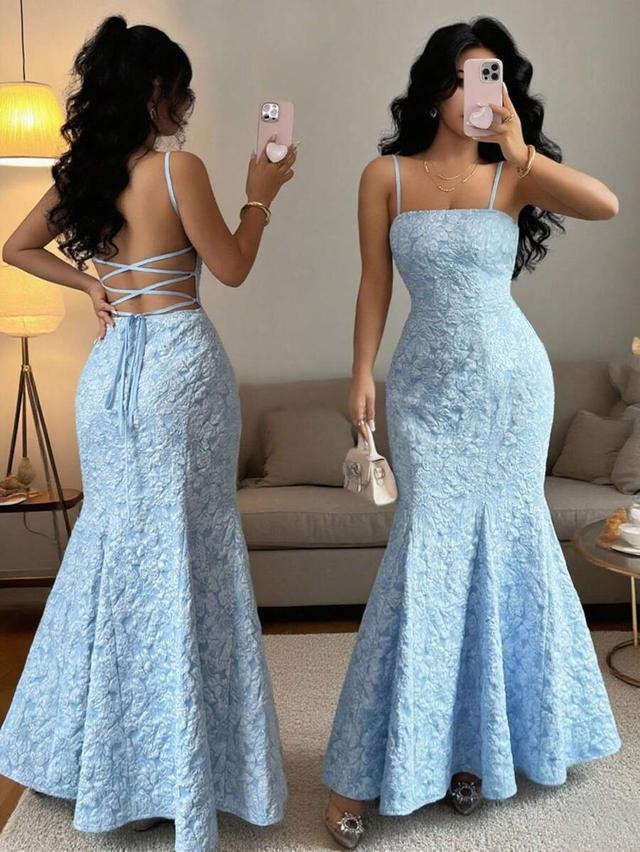 blue floral textured satin halter fishtail gown