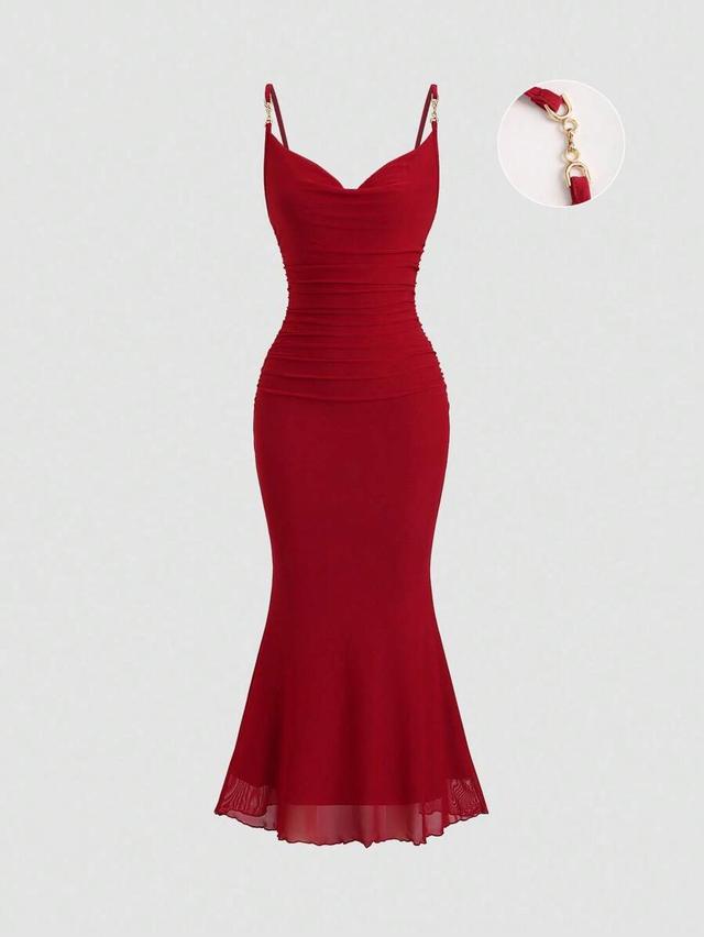 red ruched bodycon midi dress with net hem