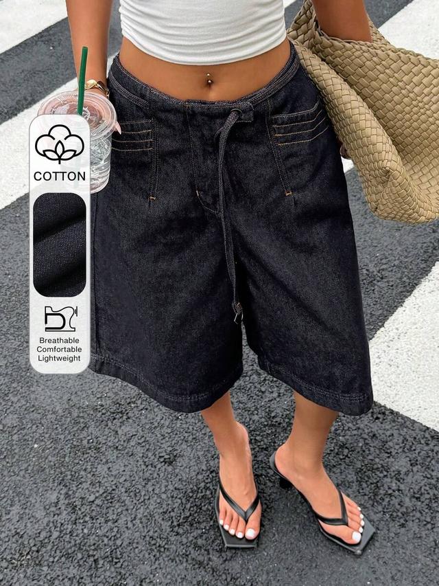 black denim drawstring shorts with contrast stitching