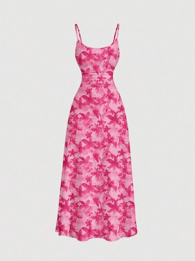pink floral print ruched waist swing dress