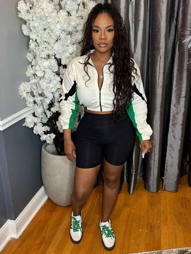 cream green colorblock zip up cropped track jacket