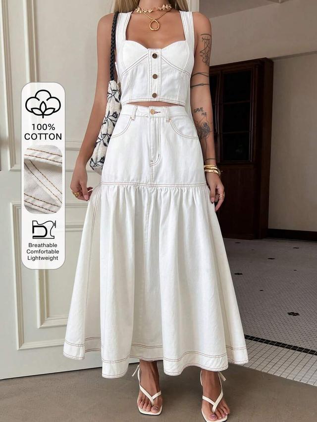 white denim corset top and midi skirt set