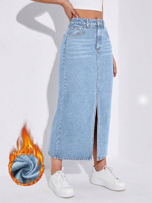 light wash denim midi skirt with front slit