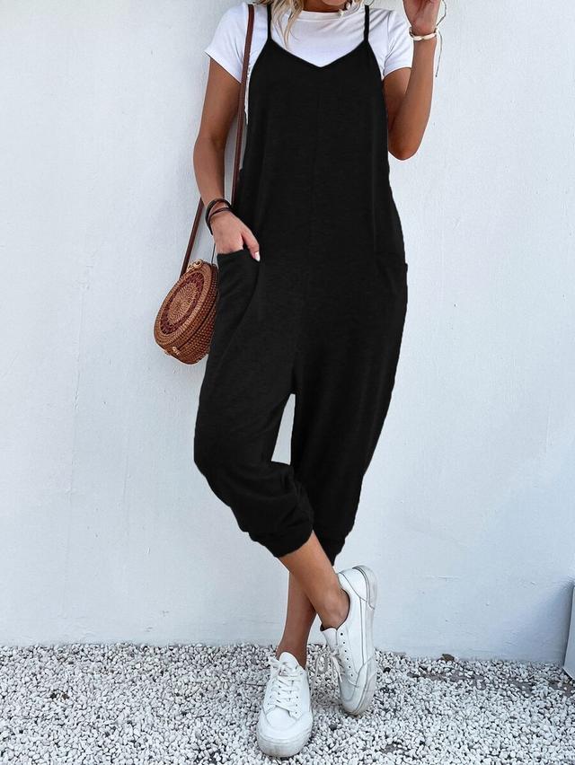 black cotton jersey sleeveless jumpsuit with pockets