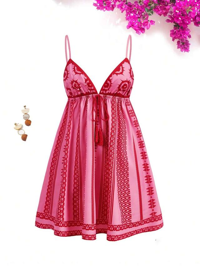 pink and red geometric print v-neck camisole mini dress