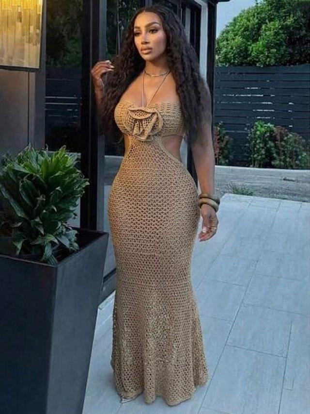 beige crochet halter neck maxi dress with cutout