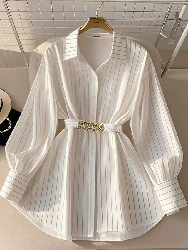 white striped collared shirt with waist belt