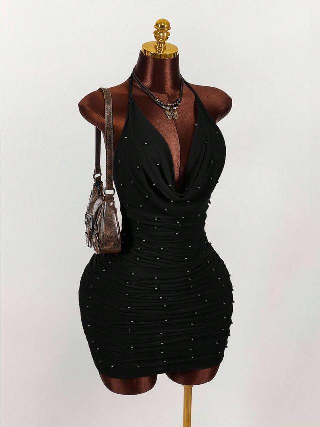 black ruched mini party dress with beaded detailing