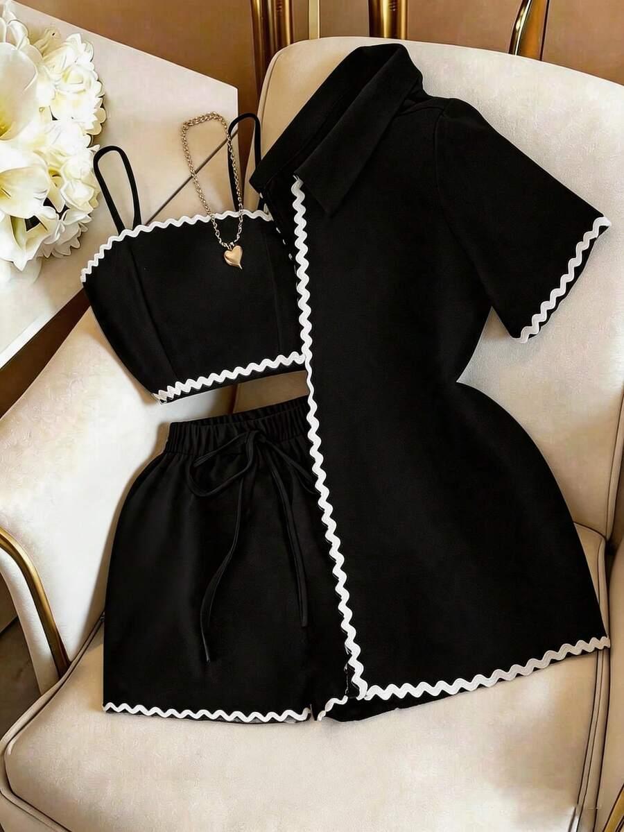 black camisole with short sleeve jacket and shorts set