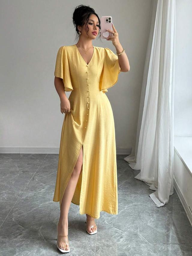 elegant yellow v-neck a-line midi dress with flared sleeves