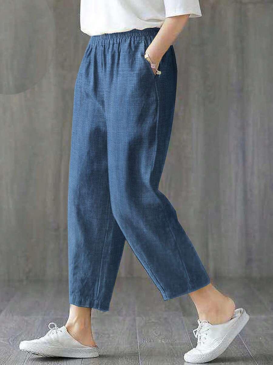 comfortable denim effect elastic waist straight leg capri pants
