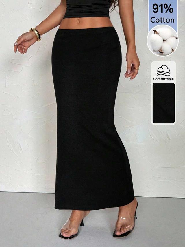 black cotton knit tight-fit maxi skirt