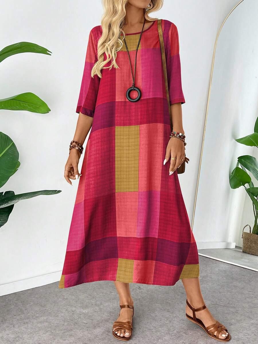 color block patchwork print 3/4 sleeve loose maxi dress