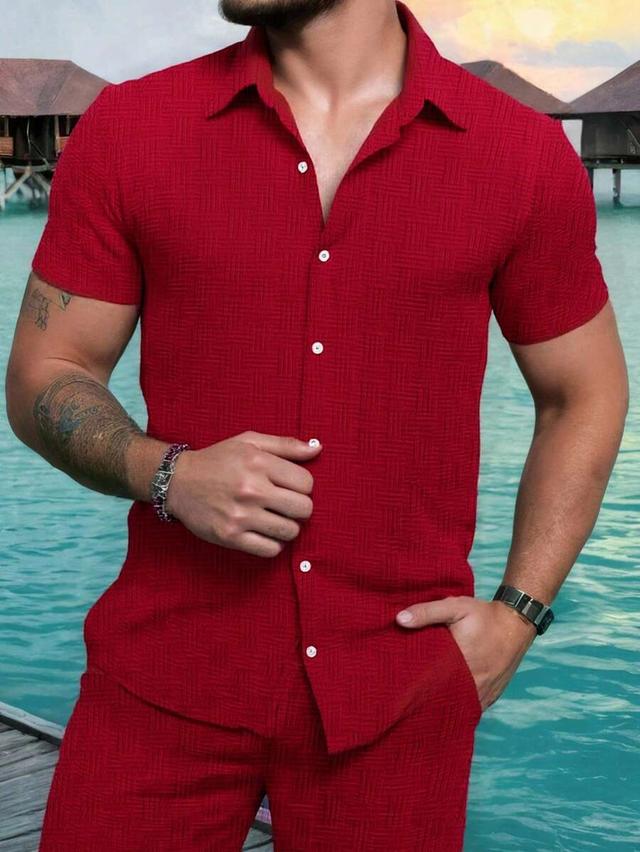 genlund men's red textured short sleeve casual shirt