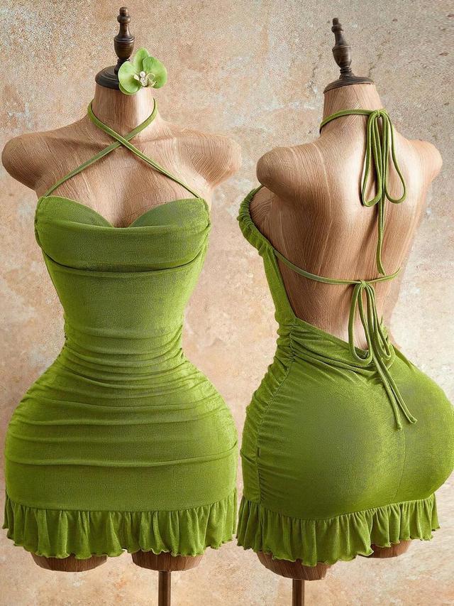 olive green ruched halter mini dress