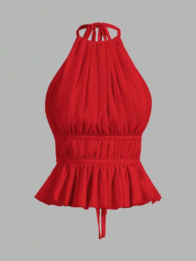 red pleated halter neck waist-tied backless tank top