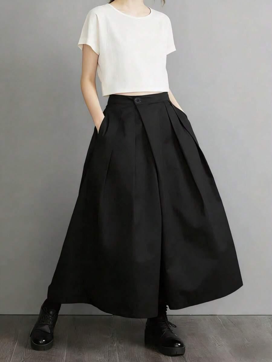 black pleated loose wide leg trousers