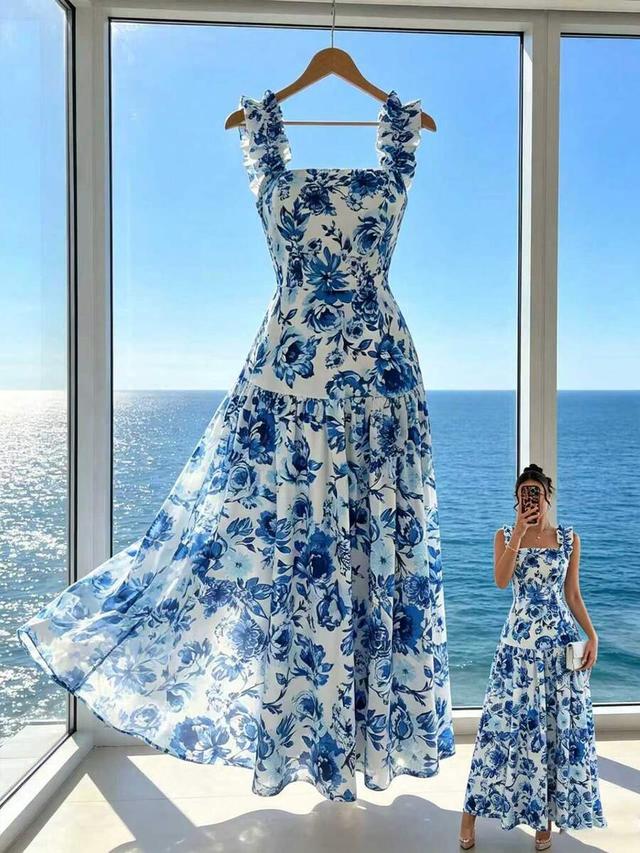 blue and white floral sleeveless square neck frill dress