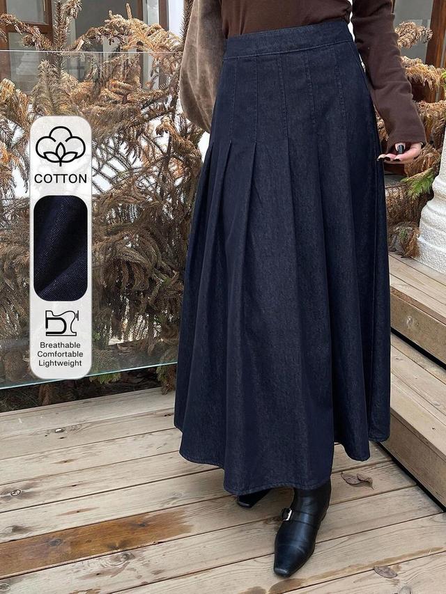 dark wash denim pleated long casual skirt