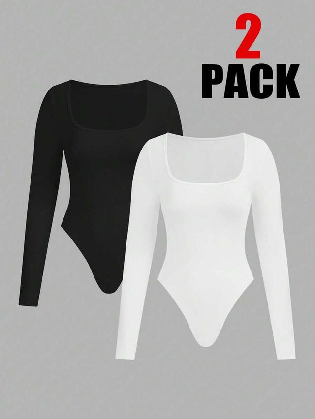white square neck long sleeve cotton knit bodysuit set