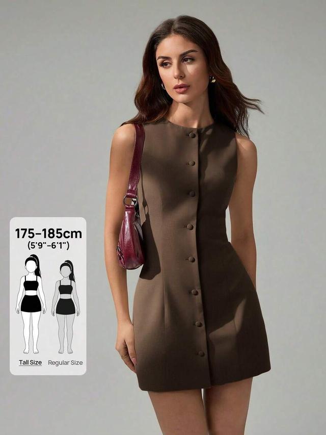 solid brown sleeveless button-front mini dress