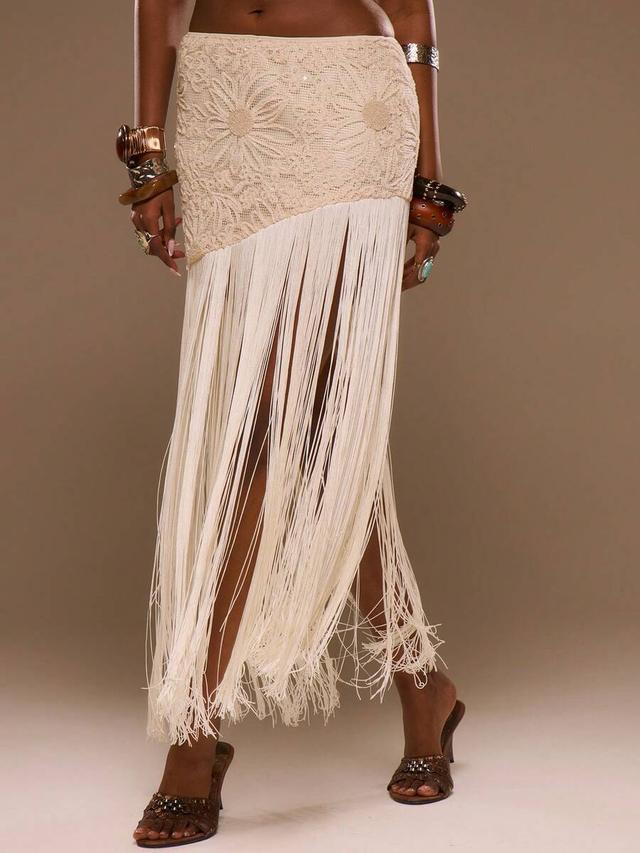 sun patterned lace fringed midi skirt