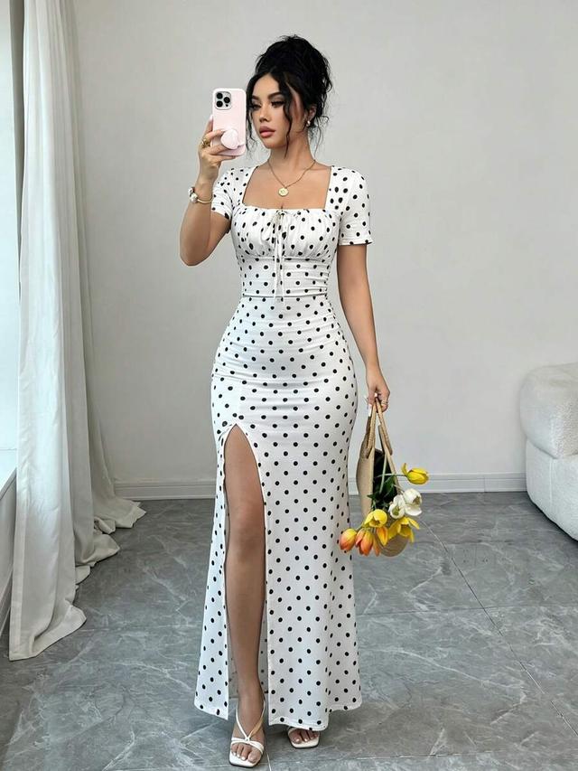 white and black polka dot square neck midi dress