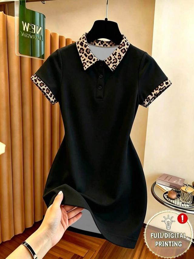 leopard print polo collar slim black dress
